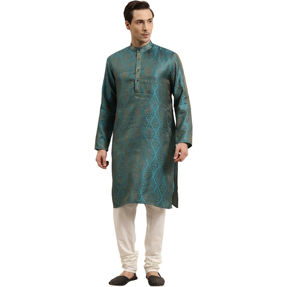 MSRP $80 Sojanya Men's M Teal Blue & Gold Cotton Linen Foil Printed Long Kurta